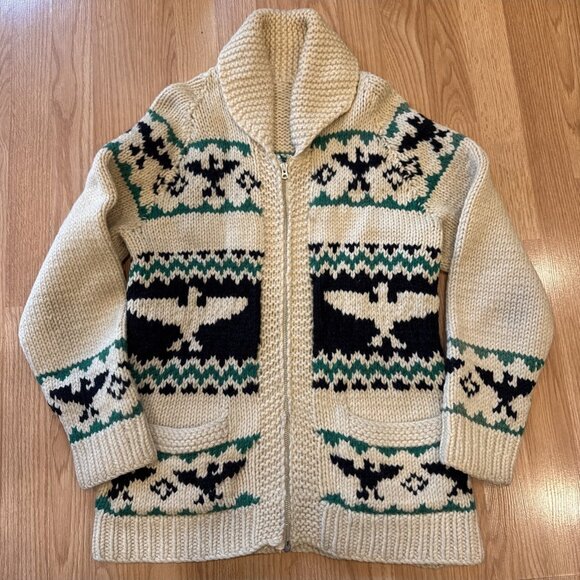 Hand Knitted Other - Cowichan Style Thunderbird Wool Sweater Zip Front Hand Knit Men’s Small